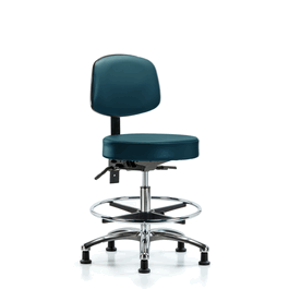 vinyl stool with back chrome - medium bench height with seat tilt, chrome foot ring, and stationary glides in storm supernova vinyl