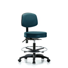 vinyl stool with back - medium bench height with chrome foot ring and casters in storm supernova vinyl