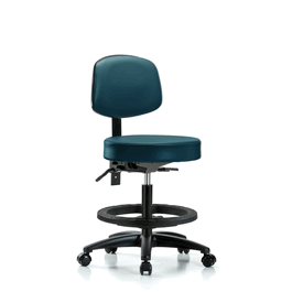 vinyl stool with back - medium bench height with seat tilt, black foot ring, and casters in carbon supernova vinyl