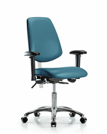 class 100 vinyl clean room chair - desk height with medium back, adjustable arms, and casters in carbon supernova vinyl