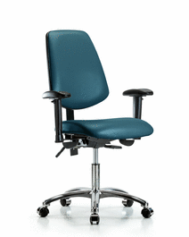 vinyl chair chrome - desk height with medium back, adjustable arms, and casters in marine blue supernova vinyl