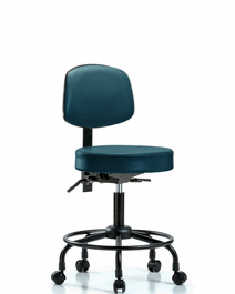vinyl stool with back - desk height with round tube base, seat tilt, and casters in marine blue supernova vinyl (c062b-007750)
