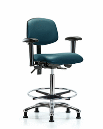 vinyl chair chrome - high bench height with seat tilt, adjustable arms, chrome foot ring, and glides in marine blue supernova vinyl
