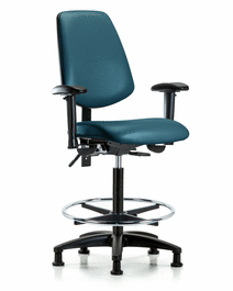 vinyl chair - high bench height, medium back, seat tilt, adjustable arms, chrome foot ring, stationary glides, marine blue supernova vinyl