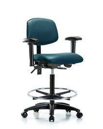 vinyl chair - high bench height with adjustable arms, chrome foot ring, and casters in storm supernova vinyl