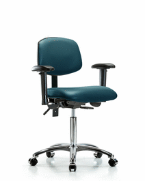 vinyl chair chrome - medium bench height with adjustable arms and casters in marine blue supernova vinyl