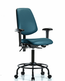 vinyl chair - medium bench height with round tube base, medium back, adjustable arms, and casters in marine blue supernova vinyl