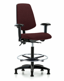 fabric chair - high bench height with medium back, seat tilt, adjustable arms, chrome foot ring, and stationary glides in blue fabric
