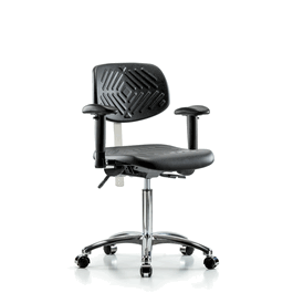 class 100 polyurethane clean room chair - medium bench height with adjustable arms and casters in black polyurethane