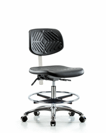 class 100 polyurethane clean room chair - medium bench height with seat tilt, chrome foot ring, and casters in black polyurethane
