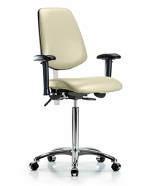 class 100 vinyl clean room chair - medium bench height with medium back, adjustable arms, and casters in adobe white trailblazer vinyl