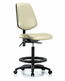 vinyl chair - high bench height with medium back, black foot ring, and casters in colonial blue trailblazer vinyl