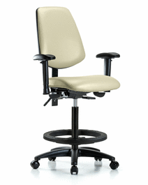 vinyl chair - high bench height, medium back, seat tilt, adjustable arms, black foot ring, and casters in colonial blue trailblazer vinyl