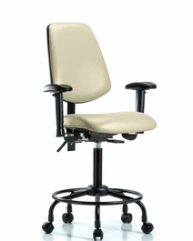 vinyl chair - medium bench height with round tube base, medium back, adjustable arms, and casters in orange kist trailblazer vinyl