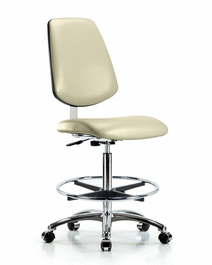 class 10 clean room vinyl chair chrome - high bench height with medium back, chrome foot ring, and casters in orange kist trailblazer vinyl