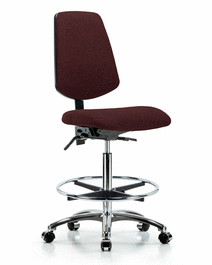fabric chair chrome - high bench height with medium back, seat tilt, chrome foot ring, and casters in burgundy fabric