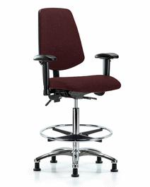 fabric chair chrome - high bench height w/ medium back, seat tilt, adjustable arms, chrome foot ring, and stationary glides, burgundy fabric