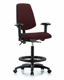 fabric chair - high bench height with medium back, adjustable arms, black foot ring, and casters in burgundy fabric