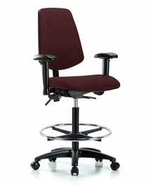 fabric chair - high bench height with medium back, adjustable arms, chrome foot ring, and casters in blue fabric
