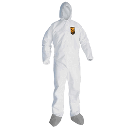 kleenguard a45 liquid and particle protection coveralls with zipper front, elastic wrists and ankles, hood, and skid-resistant boots, xl