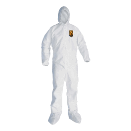 kleenguard a20 white breathable particle protection coveralls with attached hood and boots, zipper front, elastic back/wrists/ankles, m