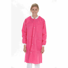 valumax extra-safe sms lab coats, knee length, 3 pockets, snap front, knit cuffs and collar, hot pink, s