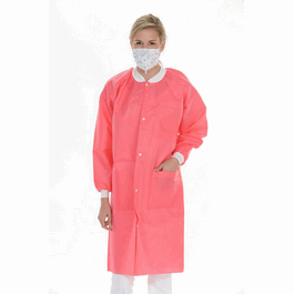 valumax extra-safe sms lab coats, knee length, 3 pockets, snap front, knit cuffs and collar, coral pink, 3xl