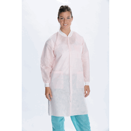 valumax extra-safe sms lab coats, knee length, 3 pockets, snap front, knit cuffs and collar, light pink, 2xl