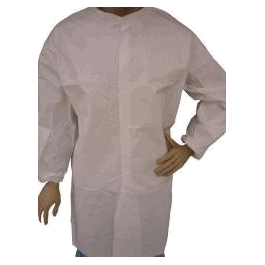 lint free membrane cleanroom frock, tunnelized elastic wrists, mandarin collar with snap, no pockets, white, l