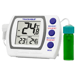 control company refrigerator/freezer plus thermometer with 5 ml vaccine bottle probe