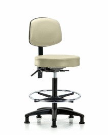 vinyl stool with back - high bench height with seat tilt, chrome foot ring, and stationary glides in colonial blue trailblazer vinyl