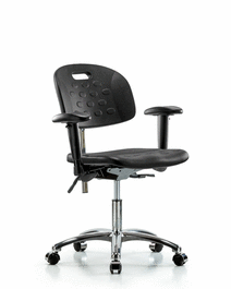 class 100 newport industrial polyurethane clean room chair - desk height with adjustable arms and casters in blue polyurethane