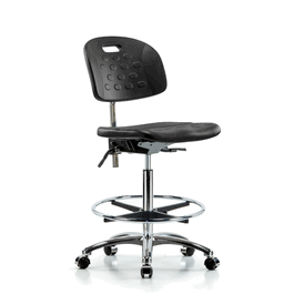 class 10 newport industrial polyurethane clean room chair - high bench height with chrome foot ring and casters in blue polyurethane