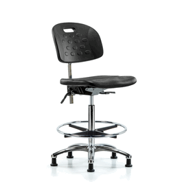 class 10 newport industrial polyurethane clean room chair - high bench height, chrome foot ring and stationary glides in blue polyurethane