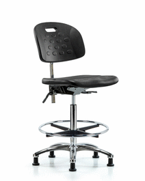 class 100 newport industrial polyurethane clean room chair-high bench height, seat tilt, chrome fr, stationary glides, blue polyurethane