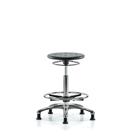 class 10 huron polyurethane clean room stool - high bench height with chrome foot ring and stationary glides in black polyurethane (c062b-030993)