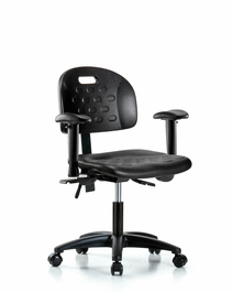 newport industrial polyurethane chair - desk height with adjustable arms and casters in blue polyurethane