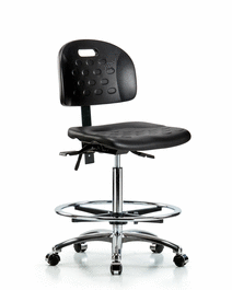newport industrial polyurethane chair chrome - high bench height with chrome foot ring and casters in blue polyurethane