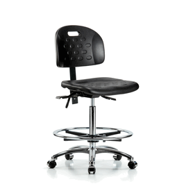 newport industrial polyurethane chair chrome - high bench height with seat tilt, chrome foot ring, and casters in blue polyurethane