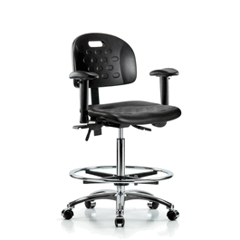 newport industrial polyurethane chair chrome - high bench height, seat tilt, adjustable arms, chrome foot ring, casters, blue polyurethane