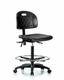 newport industrial polyurethane chair - high bench height with chrome foot ring and casters in blue polyurethane