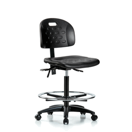 newport industrial polyurethane chair - high bench height with seat tilt, chrome foot ring, and casters in blue polyurethane