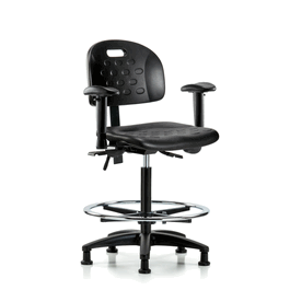 newport industrial polyurethane chair - high bench height, seat tilt, adj arms, chrome foot ring, stationary glides, blue polyurethane