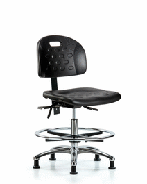 newport industrial polyurethane chair chrome - medium bench height with chrome foot ring and stationary glides in blue polyurethane
