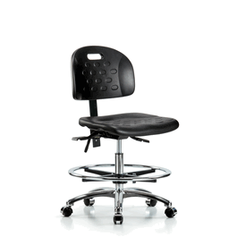newport industrial polyurethane chair chrome - medium bench height with seat tilt, chrome foot ring, and casters in blue polyurethane