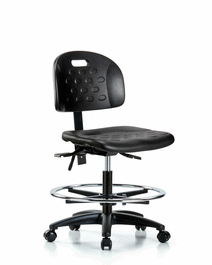 newport industrial polyurethane chair - medium bench height with chrome foot ring and casters in blue polyurethane