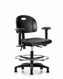 newport industrial polyurethane chair - medium bench height, adjustable arms, chrome foot ring, and stationary glides in blue polyurethane