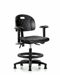 newport industrial polyurethane chair - medium bench height with adjustable arms and stationary glides in blue polyurethane