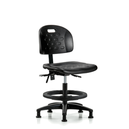 newport industrial polyurethane chair - medium bench height with seat tilt, black foot ring, and stationary glides in blue polyurethane