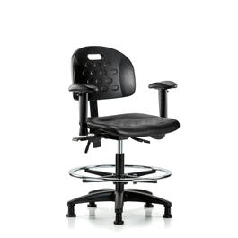 newport industrial polyurethane chair - medium bench height, seat tilt, adj arms, chrome foot ring, stationary glides, blue polyurethane